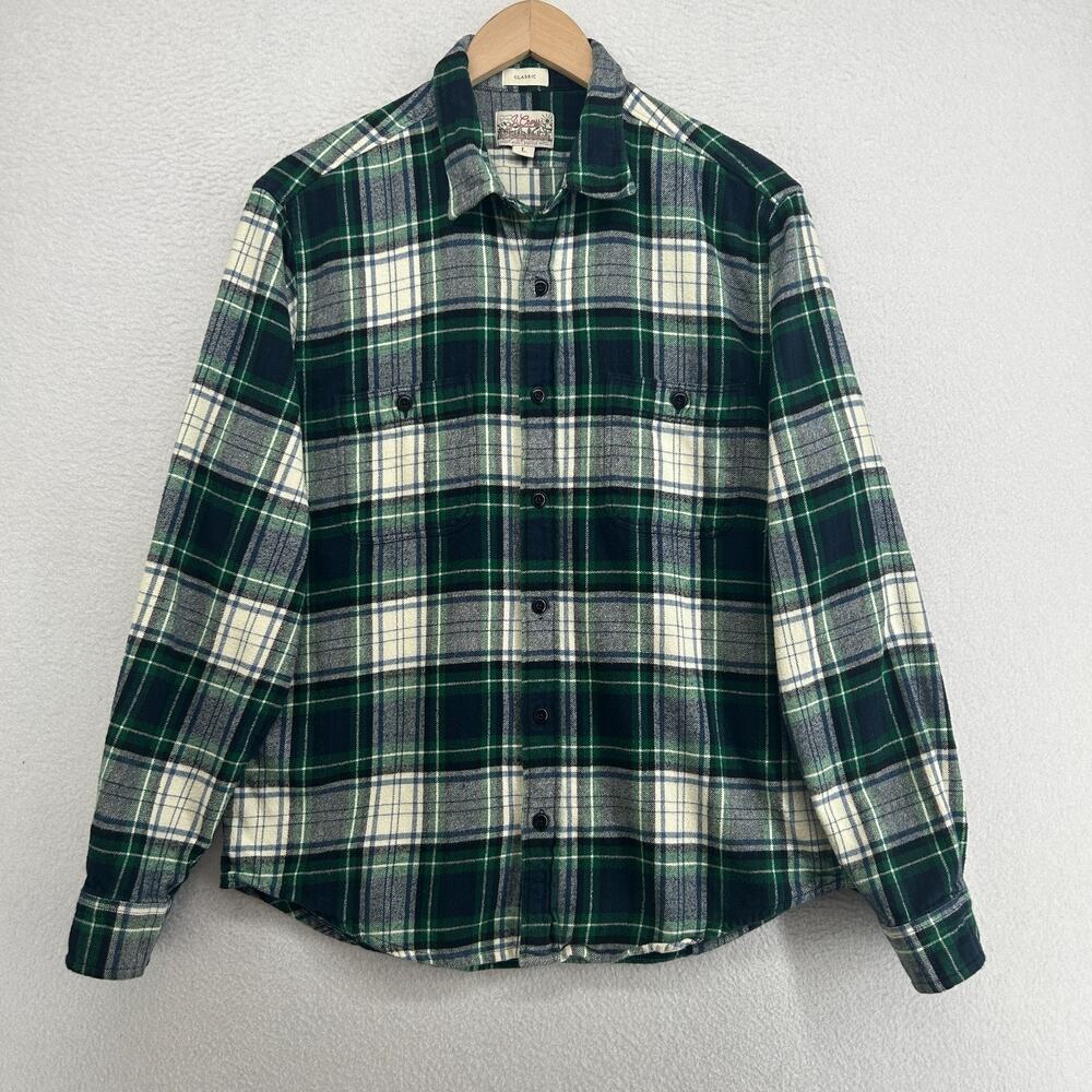 J.CREW Shirt Mens L Midweight Flannel Tartan Plaid Double Brushed Cotton Green